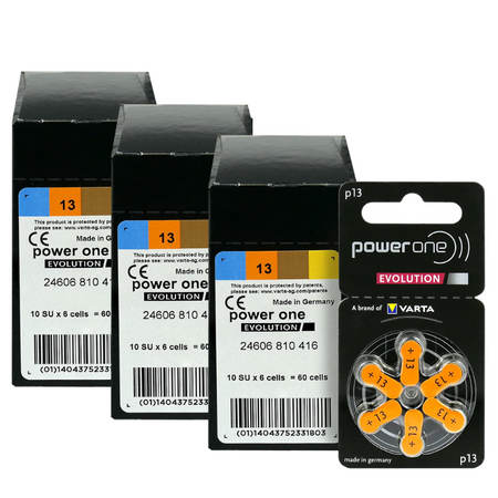 Baterie do aparatu słuchowego VARTA Power One Evolution  13 / PR48 - 180 sztuk, 3x pudełko
